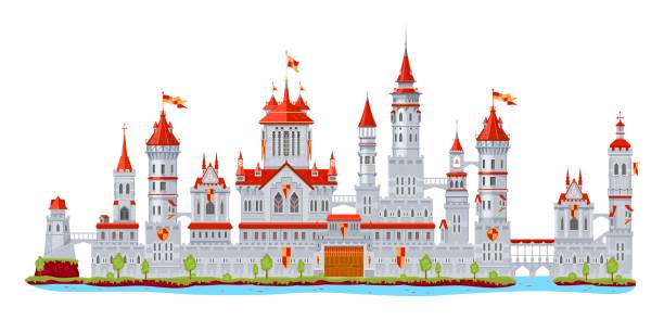 Medieval fortress castle building, palace towers Medieval fortress castle building with walls and palace gate or tower turret and bridge, vector fort. Cartoon fantasy kingdom building and fairy tale fortress castle or royal town and citadel fort fairy door fairy tale antique stock illustrations