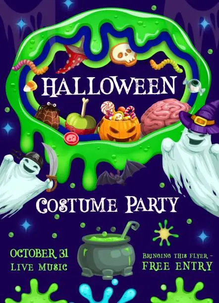 Vector illustration of Halloween party flyer, green slime and ghosts