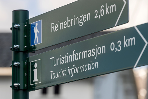 directional sign to the Reinebringen trail, the most famous walk on the Lofoten Islands. Here you will find the view the Lofoten are famous for; Svolvaer, Norway