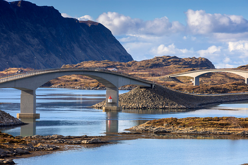 Fredvang Bridges on the Lofoten Islands, two cantilever bridges, connecting the fishing village of Fredvang on the island of Moskenesøya and the nearby island of Flakstadøya.