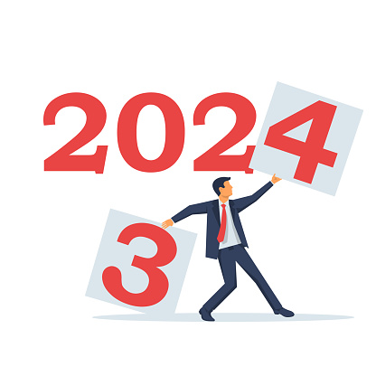 Goodbye 2023. Change year. Businessman tears off a sheet with 2 and sets the new year 2024. Vector illustration flat design. Isolated on white background.