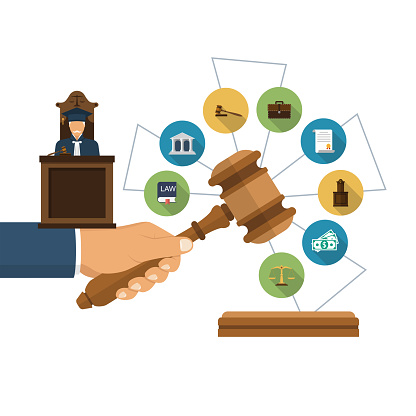 Law concept. The judge holds the gavel of justice in hand. Icons symbols of law and justice. Legal aid template. Vector illustration flat design. Isolated on white background.