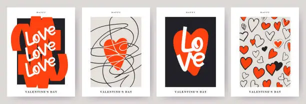 Vector illustration of Creative concept of Happy Valentines Day card set. Modern abstract design with hearts, doodles, line arts and modern typography.Template for ads, branding, banner, cover, label, poster print