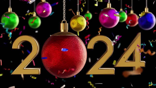 2024 New Year Ornament and Confetti on Black Background. New year, celebration, discount and entertainment concept