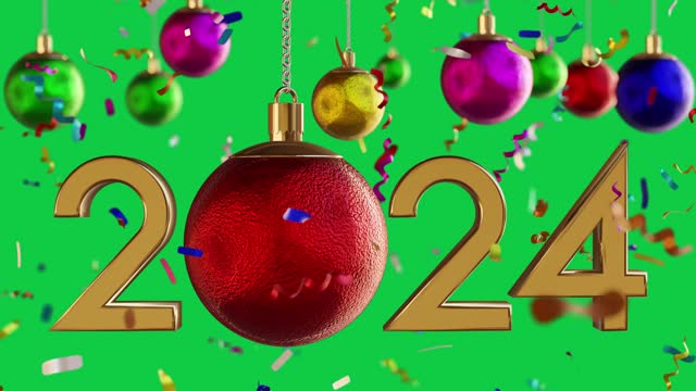 2024 New Year Ornament and Confetti on Chroma Green Background. New year, celebration, discount and entertainment concept
