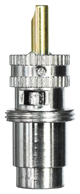 PL-259 coax connector with the shield removed to show the inside before the cable is inserted
