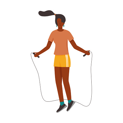Girl jumping rope cardio. Girl with sport equipment, fitness gym accessories flat vector illustration