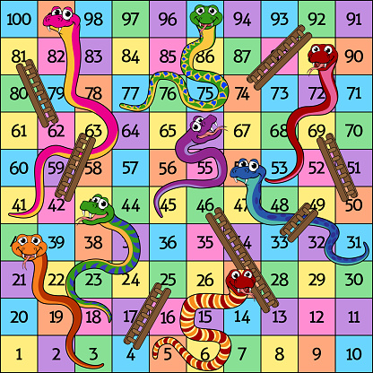Snakes and ladders board game cartoon illustration