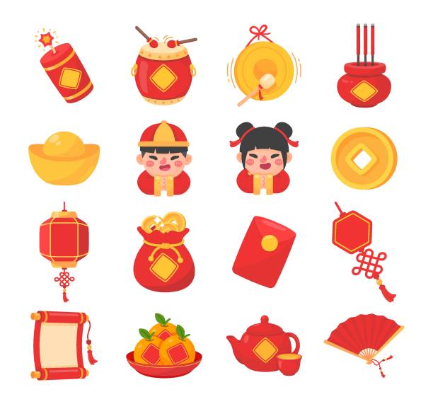 ilustraciones, imágenes clip art, dibujos animados e iconos de stock de colección de elementos para las celebraciones del año nuevo chino - greeting chinese new year god coin