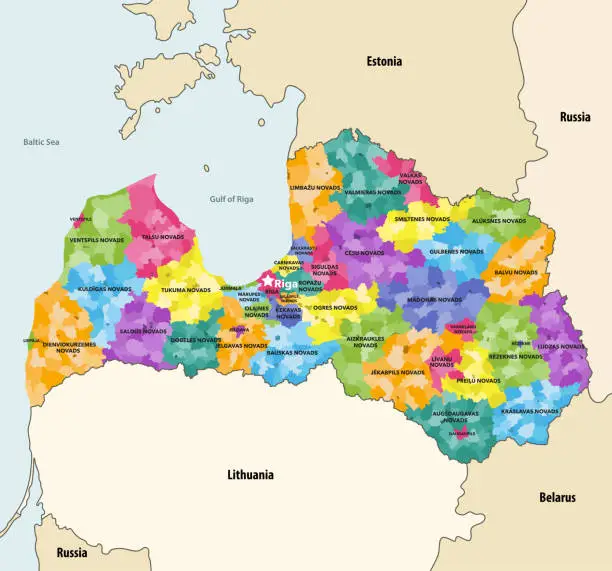 Vector illustration of Latvia state high detailed vector map  (showing administrative divisions: cities, municipalities, parishes and towns) with neighbouring countries and territories