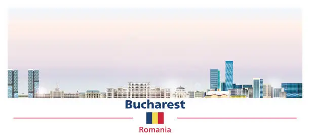 Vector illustration of Bucharest cityscape on beautiful gradient colorful sky background vector illustration with flag of Romania