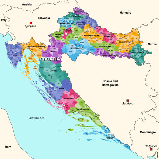 ilustrações, clipart, desenhos animados e ícones de as divisões administrativas da croácia detalham o mapa vetorial com os países e territórios vizinhos. todos os condados, capitais de cada condado, municípios e vilas inscrições - koprivnica croatia