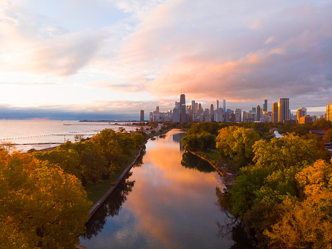 Chicago from Lincoln Park during the fall seasons with all the autumn colors.