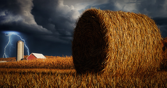 Digitally generated landscape of a large hay field with a lonely straw bale on the field and dark cloudy sky in the background.\n\nThe scene was created in Autodesk® 3ds Max 2024 with V-Ray 6 and rendered with photorealistic shaders and lighting in Chaos® Vantage with some post-production added.