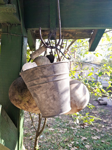 Old metal buckets used for decorative purposes