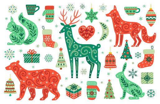 Christmas big set of forest animals, gift boxes, decorations and snowflakes. Xmas color socks, mittens, mugs, fir tree designs. Ornate squirrel, deer, fox, hare vector EPS 10 illustrations.