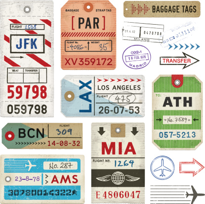 Weathered baggage tags. EPS 10 file with transparencies.File is layered with global colors.High res jpeg included.More works like this linked below.