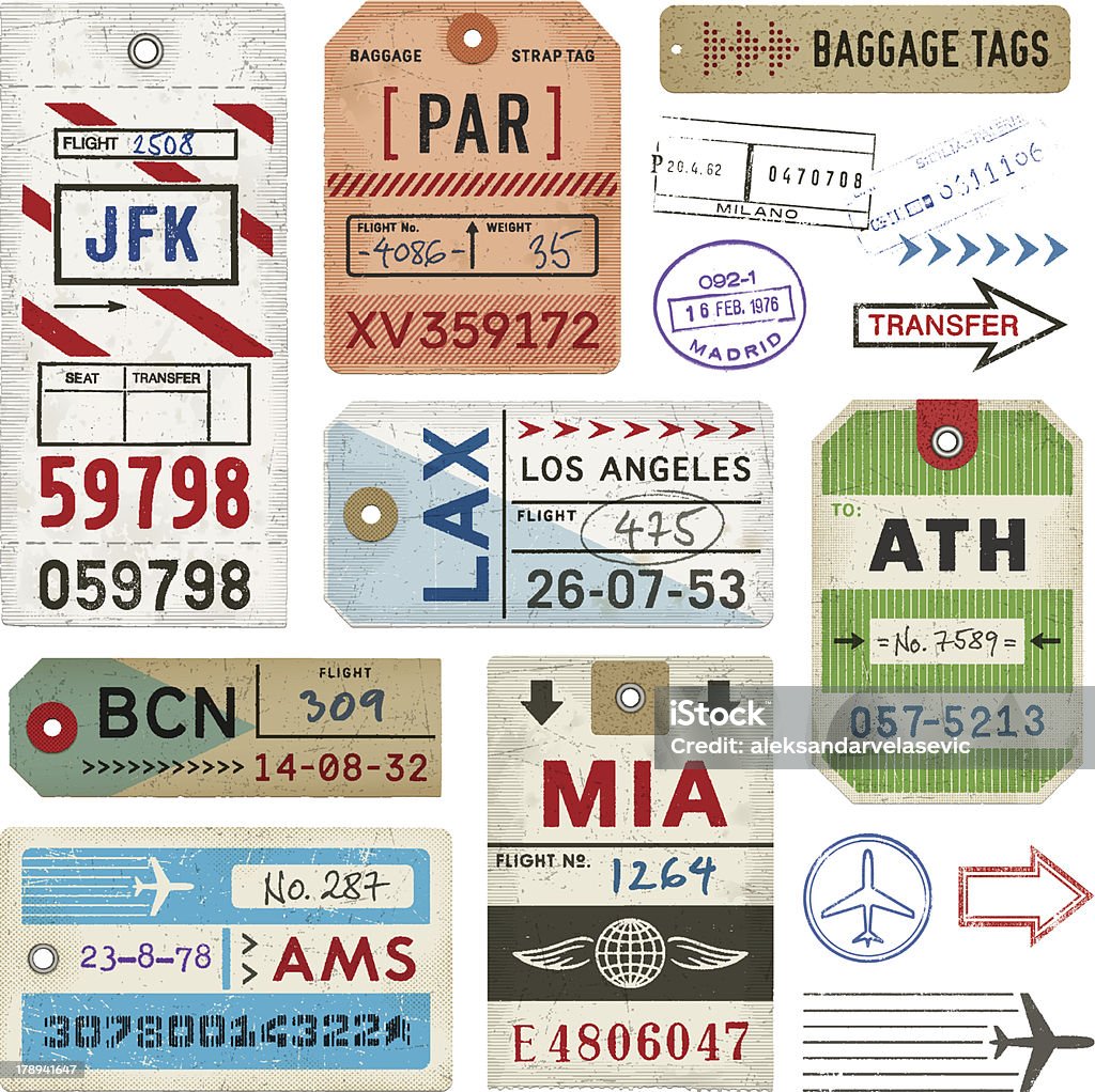 Baggage Tags and Stamps Weathered baggage tags. EPS 10 file with transparencies.File is layered with global colors.High res jpeg included.More works like this linked below. Travel stock vector
