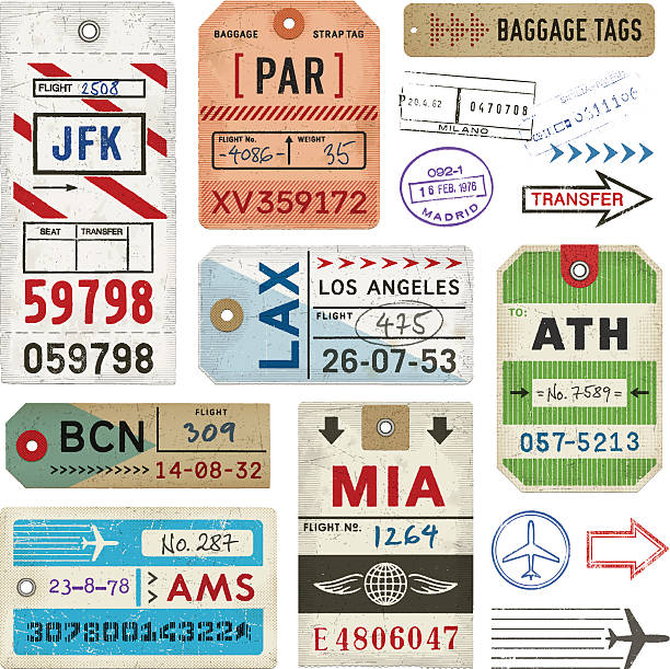 Baggage Tags and Stamps Weathered baggage tags. EPS 10 file with transparencies.File is layered with global colors.High res jpeg included.More works like this linked below. travel borders stock illustrations