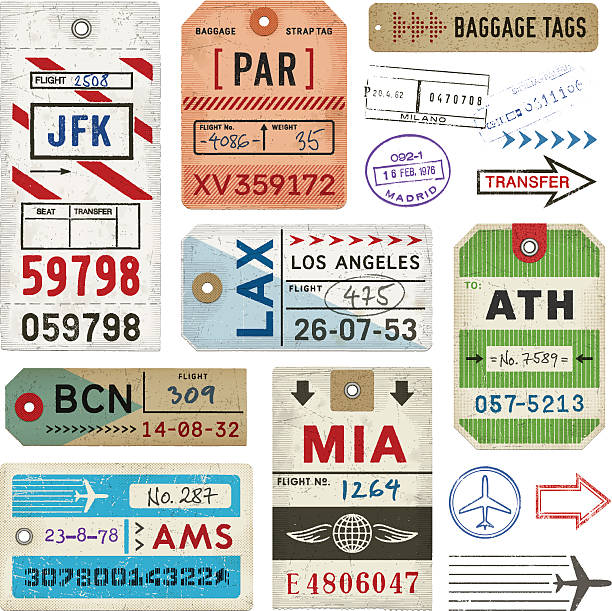 Baggage Tags and Stamps Weathered baggage tags. EPS 10 file with transparencies.File is layered with global colors.High res jpeg included.More works like this linked below. old luggage tag stock illustrations
