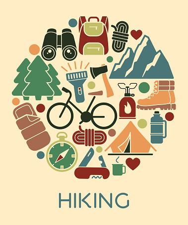 Flat icons in the shape of a circle on the theme of hiking and outdoor recreation. Vector Illustration