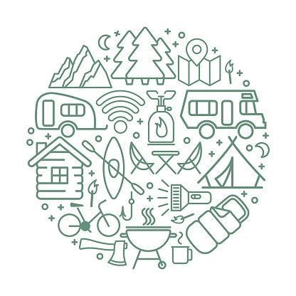 Round set of thin linear icons on the theme of camping and outdoor recreation. Vector Illustration