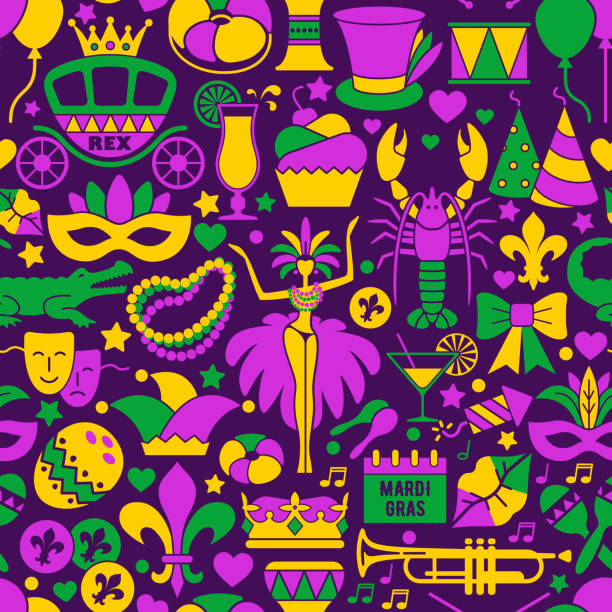 illustrations, cliparts, dessins animés et icônes de fond sans couture de carnaval de mardi gras, style plat. motif avec plumes, perles, chapeau bouffon, masque, fleur de lys - mardi gras backgrounds bead purple