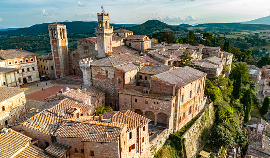 Aerial view of Montepulciano, a medieval and Renaissance hill town in the Italian province of Siena in southern Tuscany, Italy