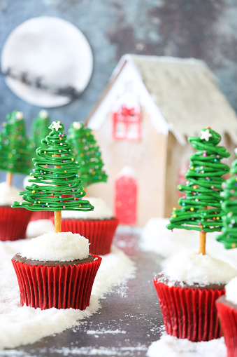 Stock photo showing close-up view of a batch of freshly baked, homemade Christmas tree design chocolate cupcakes, in red metallic paper cake cases, displayed with a gingerbread house in a snowy, Christmas scene. The cupcakes are topped with butter icing coated in desiccated coconut from which protrude Christmas trees made from iced white chocolate, coloured with green food dye, on trunks of salted, pretzel sticks. The trees have been decorated with multicoloured sugar sprinkles. Home baking concept.