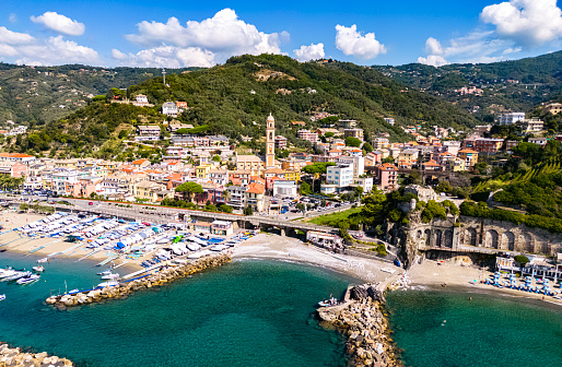 Aerial view of Moneglia, a tourist resort on the Riviera di Levante, Liguria, Italy