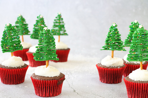 Stock photo showing close-up view of a batch of freshly baked, homemade Christmas tree design chocolate cupcakes, in red metallic paper cake cases, displayed in a snowy, conifer forest scene. The cupcakes are topped with butter icing coated in desiccated coconut from which protrude Christmas trees made from iced white chocolate, coloured with green food dye, on trunks of salted, pretzel sticks. The trees have been decorated with multicoloured sugar sprinkles. Home baking concept.