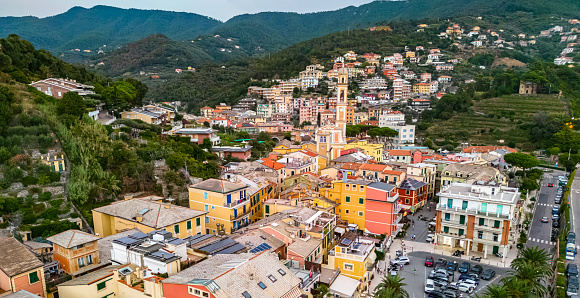 Aerial view of Moneglia, a tourist resort on the Riviera di Levante, Liguria, Italy