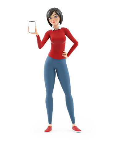 3d casual girl showing her smartphone, illustration isolated on white background