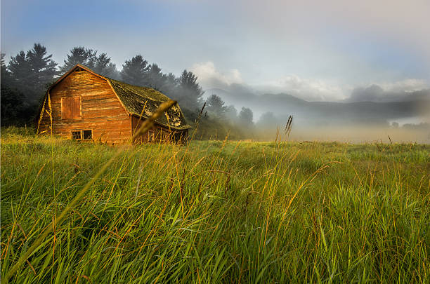 Abandoned Barn at Sunrise An abandoned barn in Keene, Ny, just outside of Lake Placid.  The Adirondack Mountains can be seen through the fog in the background. abandoned place stock pictures, royalty-free photos & images