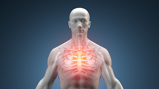3D illustration of a male body suffering chest pain injury