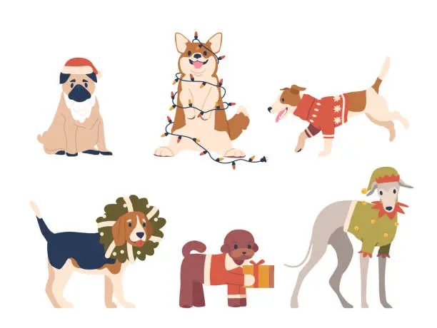 Vector illustration of Christmas Dogs Don Santa Hats, Wagging Tails, And Joyfully Unwrap Presents, Spreading Holiday Cheer, Vector Illustration