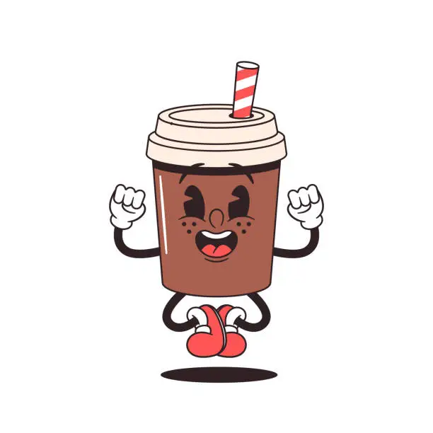 Vector illustration of Cheerful Retro-style Cartoon Disposable Coffee Mug Character With A Smiling Face, Bright Colors, And A Fun Personality