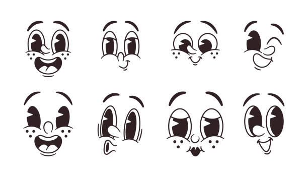 Retro-style Emoji Set Features Charming, Black and White Face Expressions, Evoking Nostalgia With Limited Monochrome Color Palette, Cartoon Characters Expressive Designs. Vector Illustration