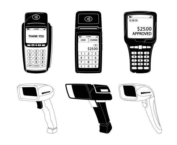 ilustrações, clipart, desenhos animados e ícones de scanners de código qr preto e branco e conjunto de ícones de terminal pos. ferramentas essenciais para simplificar transações, conjunto de vetores - hardware store store work tool customer