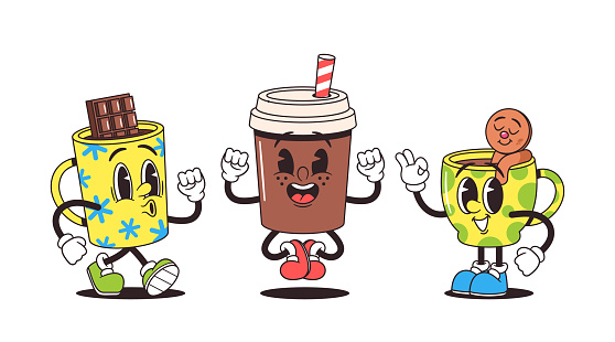 Retro-style Cartoon Mug Characters Feature Charming, Whimsical Chocolate, Coffee and Tea Cups, Reminiscent Of Vintage Comics, Exuding Nostalgia And Unique Style. Vector Illustration