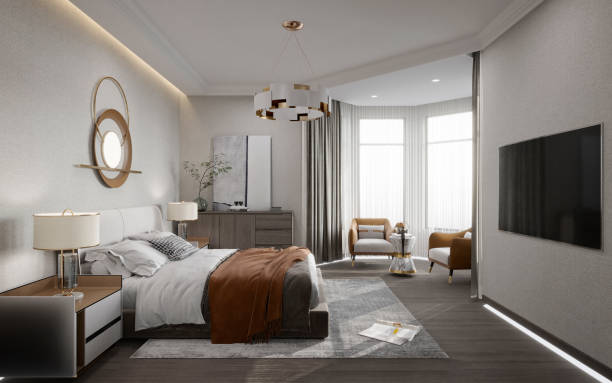 render 3d de habitación de hotel de lujo - suite de hotel fotografías e imágenes de stock
