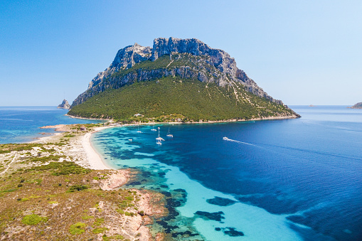 Italy, Sardinia, Olbia region,  panorama over Spalmatore wild beach in Tavolara  island
