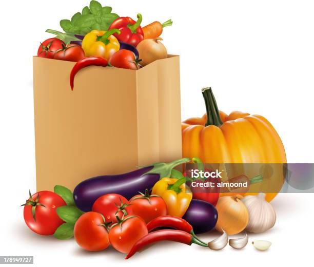 Background With Fresh Vegetables In Paper Bag Stock Illustration - Download Image Now - Agriculture, Backgrounds, Basil