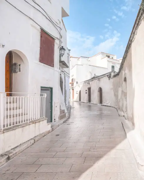 Photo of White street in the Vieste town, Gargano, Puglia region, Italy.