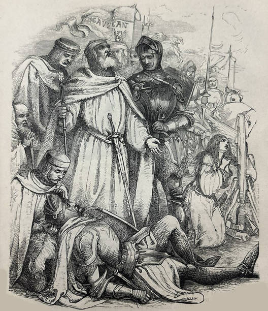 Antique illustration - templar knight in amor on the ground in front of people praying Antique illustration pre 1900 knights templar stock illustrations