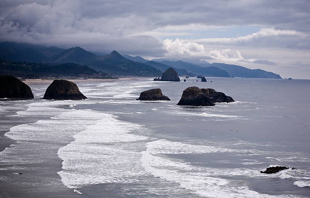 Haystack Rock and Cannon Beach from Ecola State Park stock photo