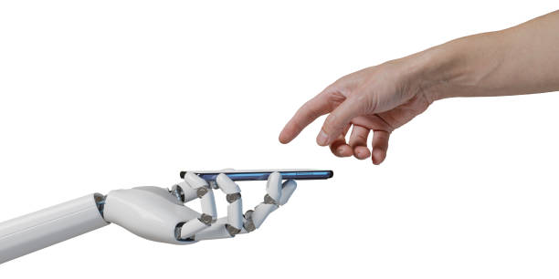 istock Robotic hand holding a mobile phone and a human hand touching the screen isolated on white background. AI concept. 3d illustration. 1789526192