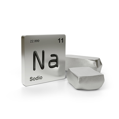 Sodium element symbol from the periodic table in spanish near metallic sodium isolated on white background. 3d illustration.