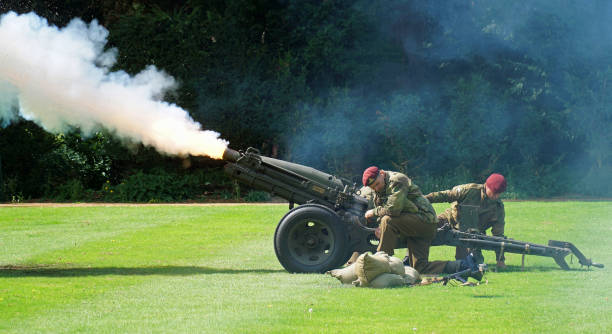 Silsoe, Bedfordshire, England - August 19, 2023: World War 2 Field  firing producing smoke.