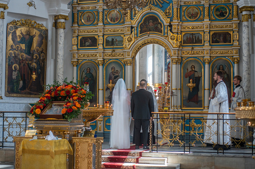 Minsk, Belarus. October 15, 2023 Wedding ceremony in an Orthodox church